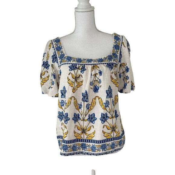 Draper James Size Large Flutter Sleeve Blouse Linen Rayon Blend Blue / Yellow - Picture 1 of 16
